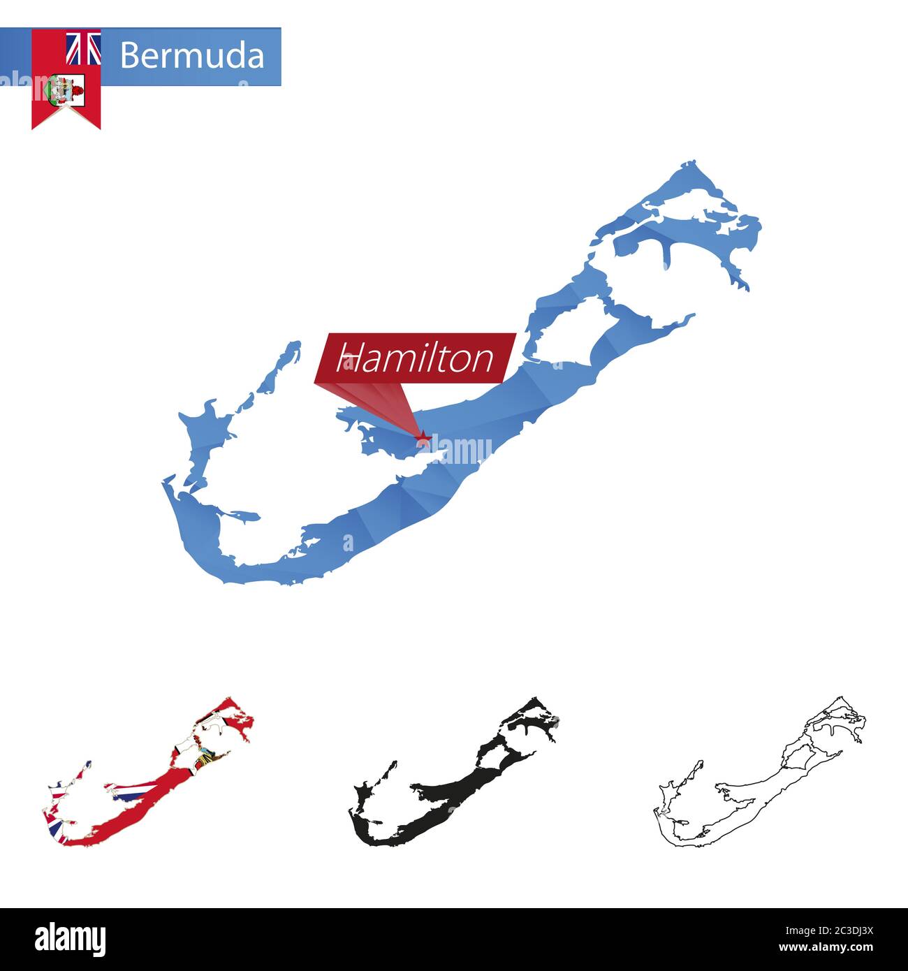 Bermuda blu basso Poly mappa con la capitale Hamilton, quattro versioni di mappa. Illustrazione vettoriale. Illustrazione Vettoriale