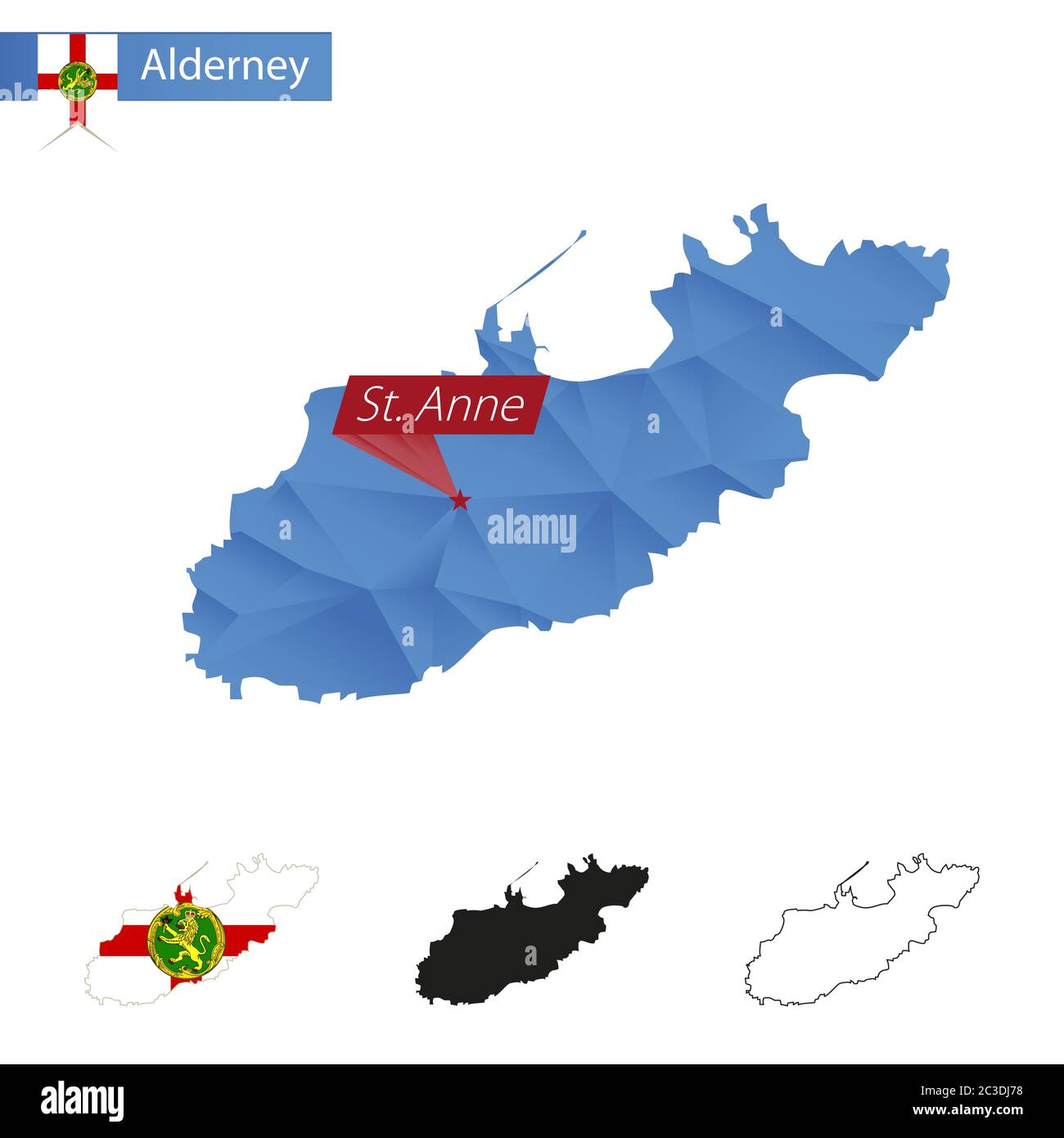 Mappa blu di Alderney basso Poly con la capitale Sant'Anna, quattro versioni della mappa. Illustrazione vettoriale. Illustrazione Vettoriale