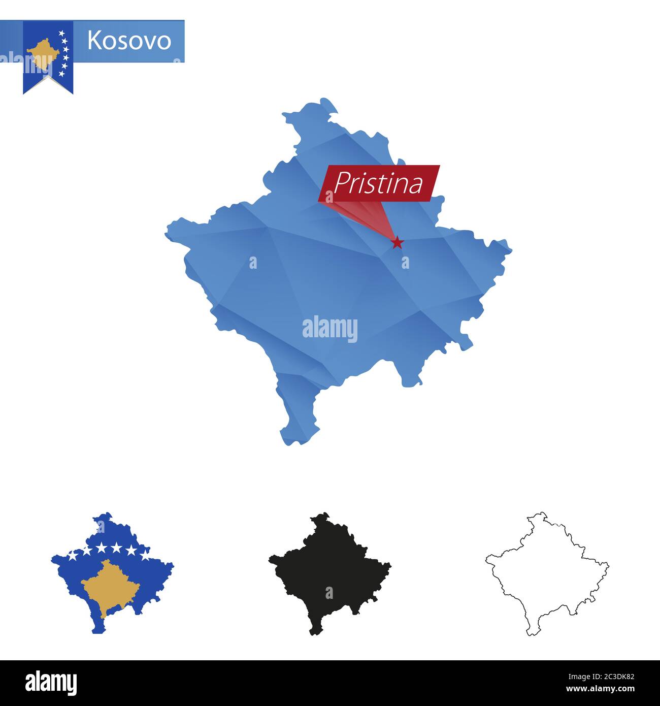 Mappa blu del Kosovo Low Poly con Pristina capitale, quattro versioni di mappa. Illustrazione vettoriale. Illustrazione Vettoriale