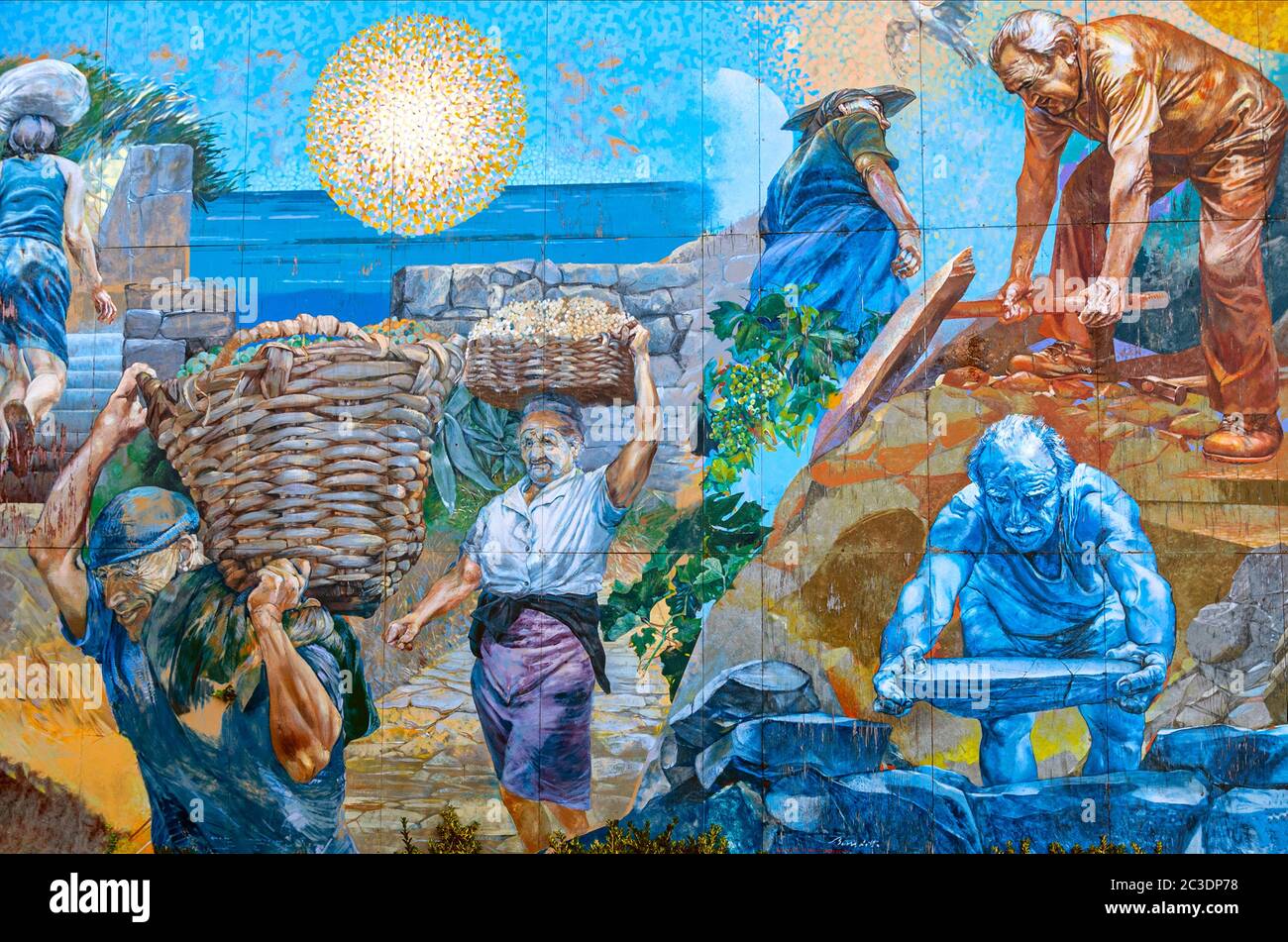 Colorati murales a Riomaggiore, cinque Terre, Liguria, Italia Foto Stock