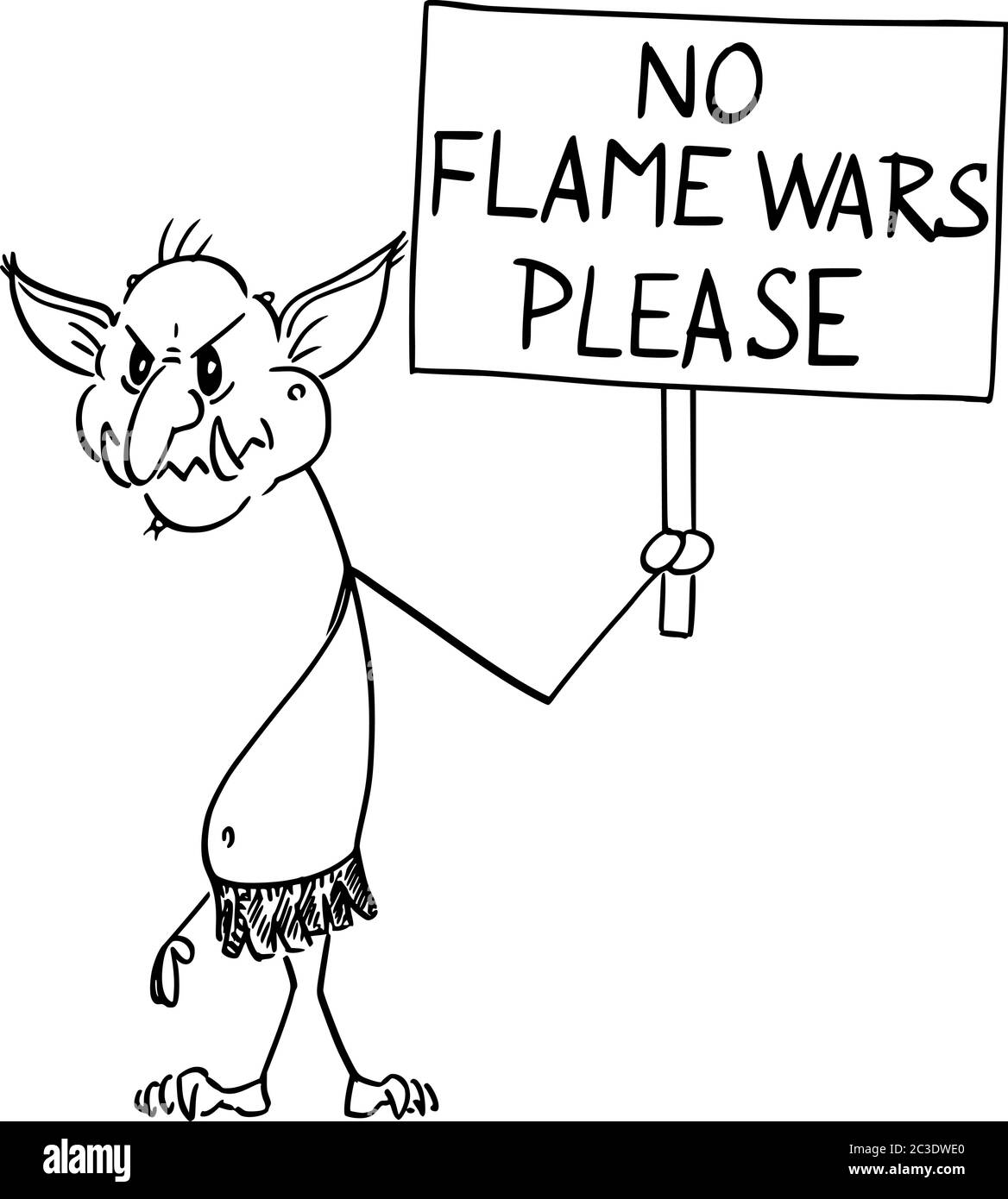 Vettore cartoon figura disegno illustrazione concettuale di Internet virtuale troll tenuta No Flame Wars si prega di firmare. Illustrazione Vettoriale