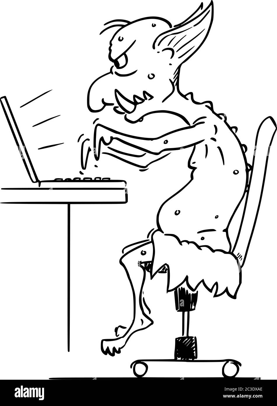 Disegno grafico vettoriale di cartoon illustrazione concettuale di Internet virtuale troll assaulting altri utenti online in guerre di fiamma digitando sul computer. Illustrazione Vettoriale