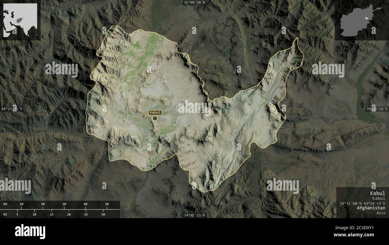 Kabul, provincia dell'Afghanistan. Immagini satellitari. Forma presentata contro la sua area di paese con overlay informativi. Rendering 3D Foto Stock