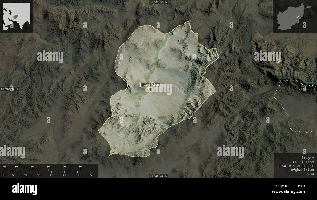 Logar, provincia dell'Afghanistan. Immagini satellitari. Forma presentata contro la sua area di paese con overlay informativi. Rendering 3D Foto Stock