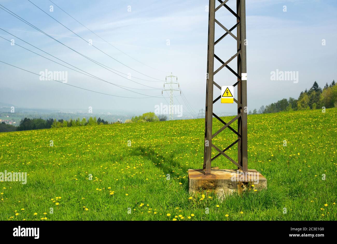 Cartello di avvertenza di alta tensione sulla struttura metallica. Linee elettriche e polo sullo sfondo. Prato beatful pieno di fiori in primavera Foto Stock