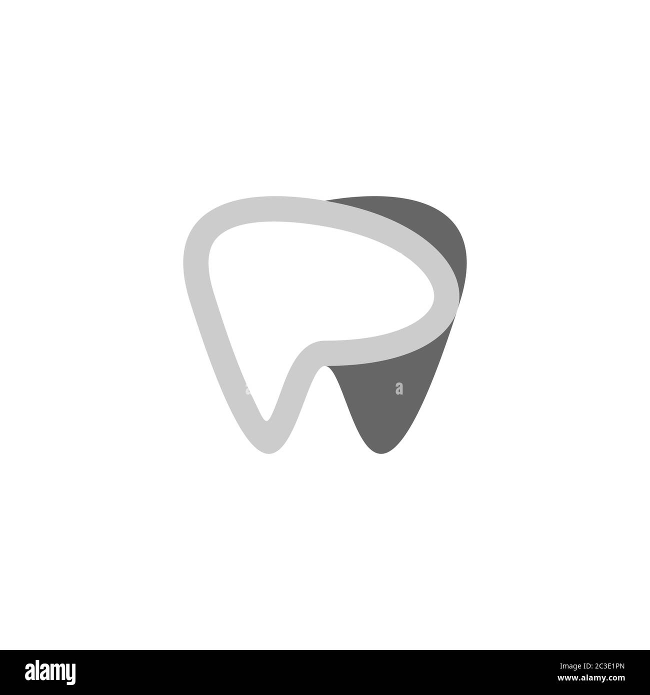 Logo per la cura dei denti. Dente con concetto di progettazione lettera P, isolato su sfondo bianco. Illustrazione Vettoriale