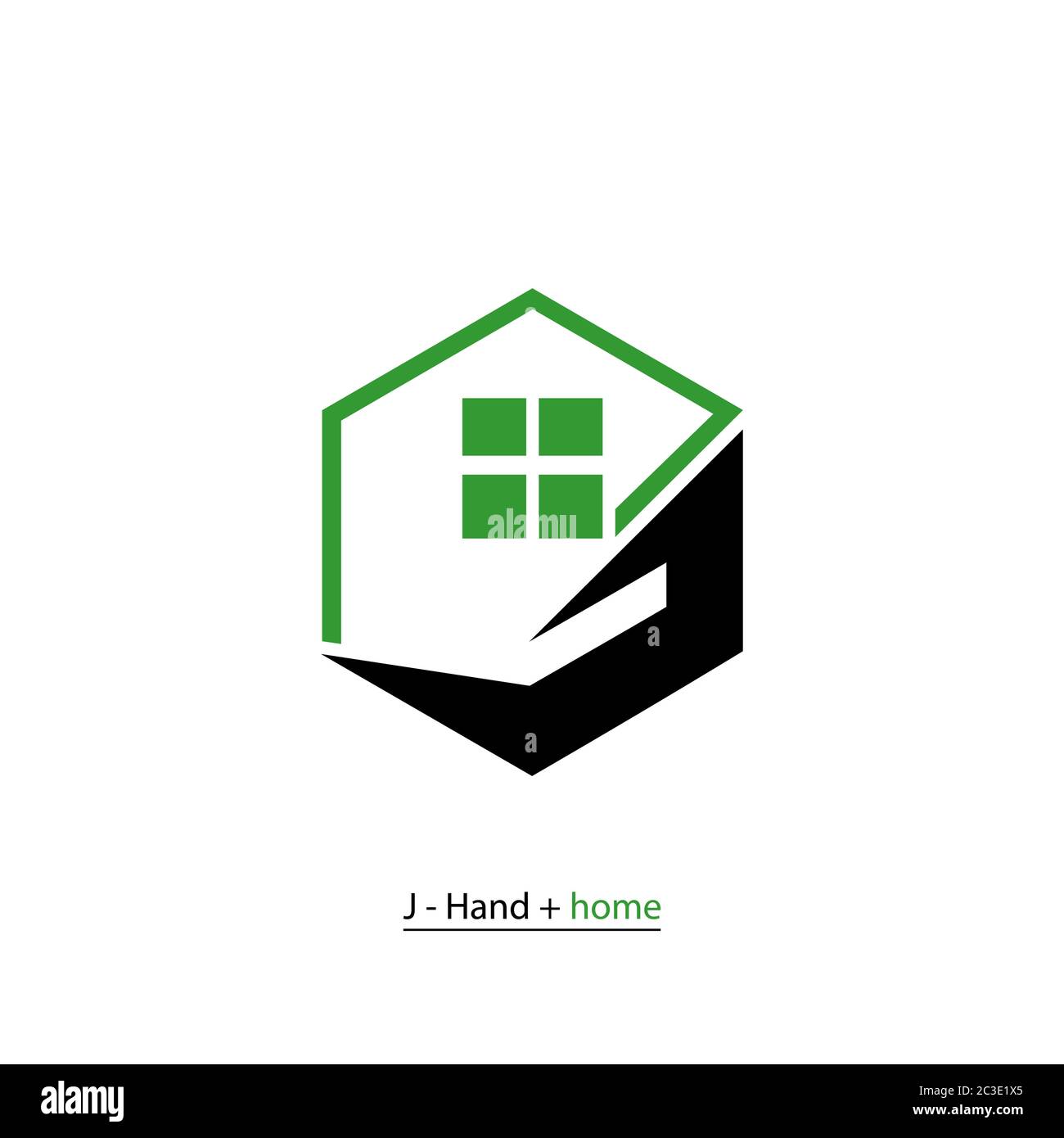 Logo di affari di proprietà, modello di logo di cura della casa, mano (lettera J) e icona di concetto di disegno della casa, isolato su sfondo bianco. Illustrazione Vettoriale