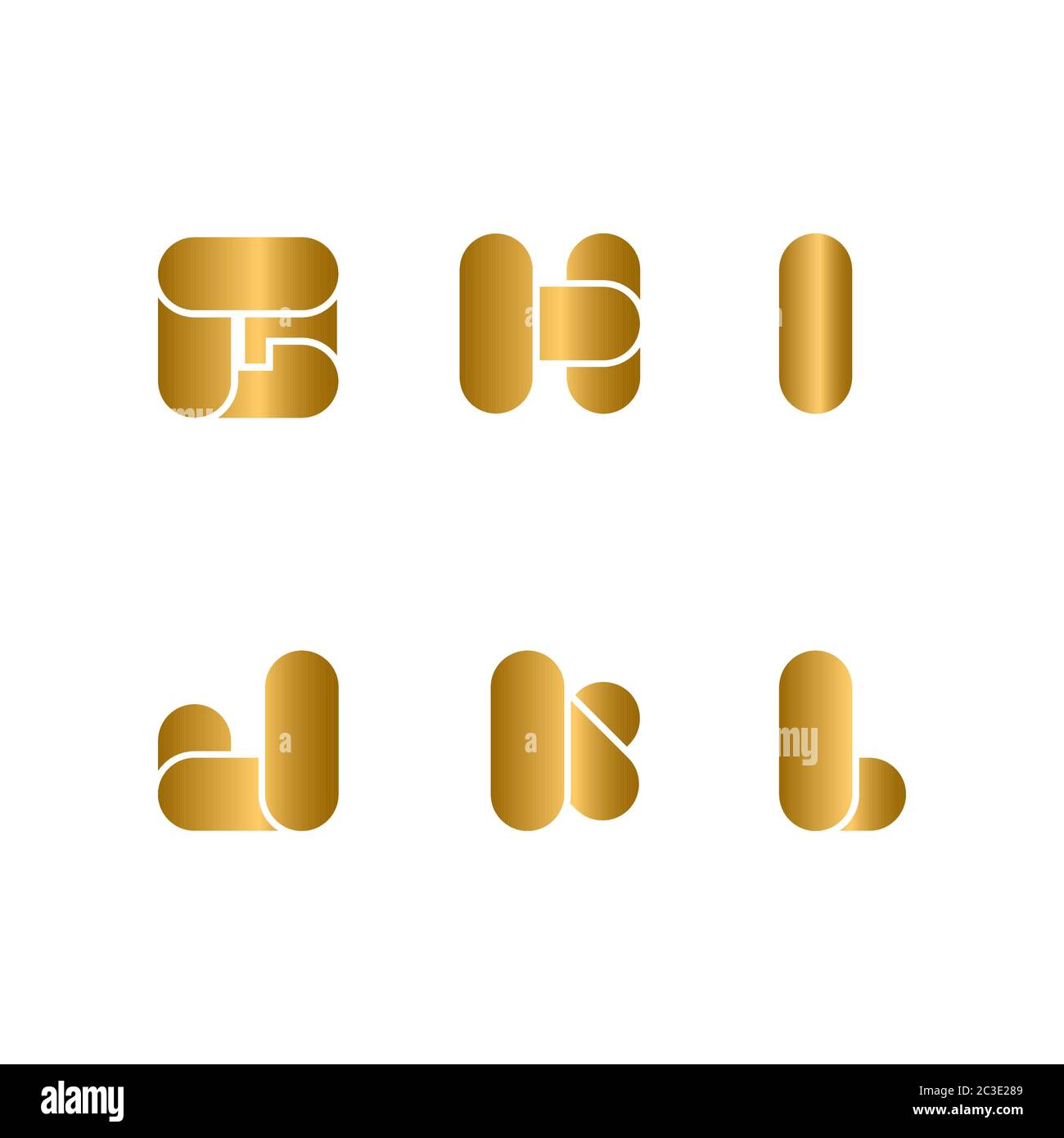 Set di logo e simboli iniziali, design dei caratteri dorati scintillante, isolato su sfondo bianco. Illustrazione Vettoriale
