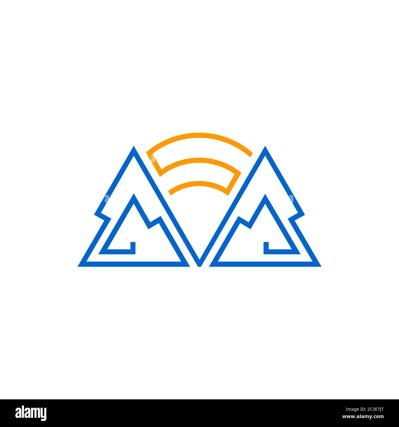 Concetto di design della linea del logo montagna e sole, illustrazione vettoriale del paesaggio, isolato su sfondo bianco. Illustrazione Vettoriale