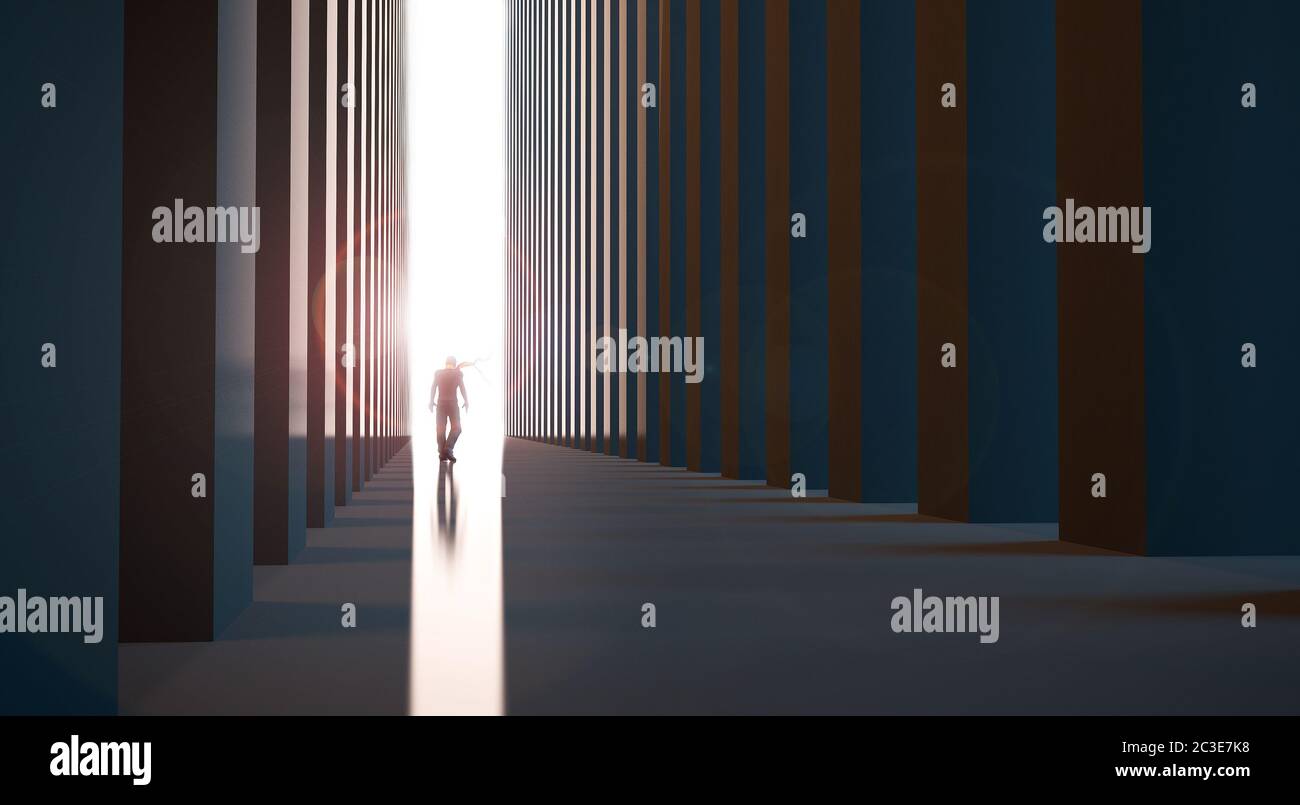 illustrazione astratta di camminare via l'uomo che ha trovato una via fuori del labirinto per incontrare la luce enorme. Foto Stock