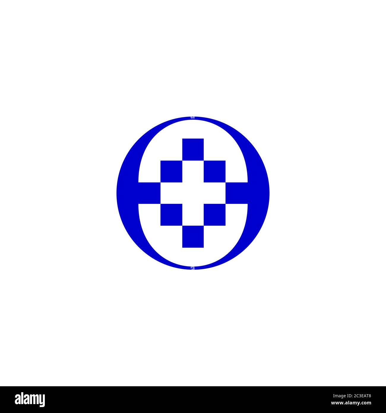Icona a croce medica sullo spazio negativo, modello di concetto di progettazione del logo sanitario, con colore blu isolato su sfondo bianco. Illustrazione Vettoriale