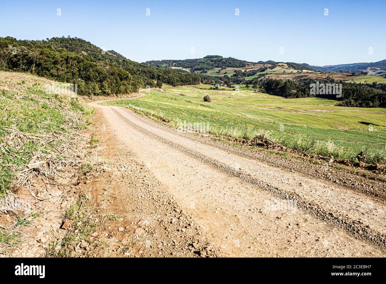 Strada sterrata nella campagna dello stato di Santa Catarina. Treze Tilias, Santa Catarina, Brasile. Foto Stock