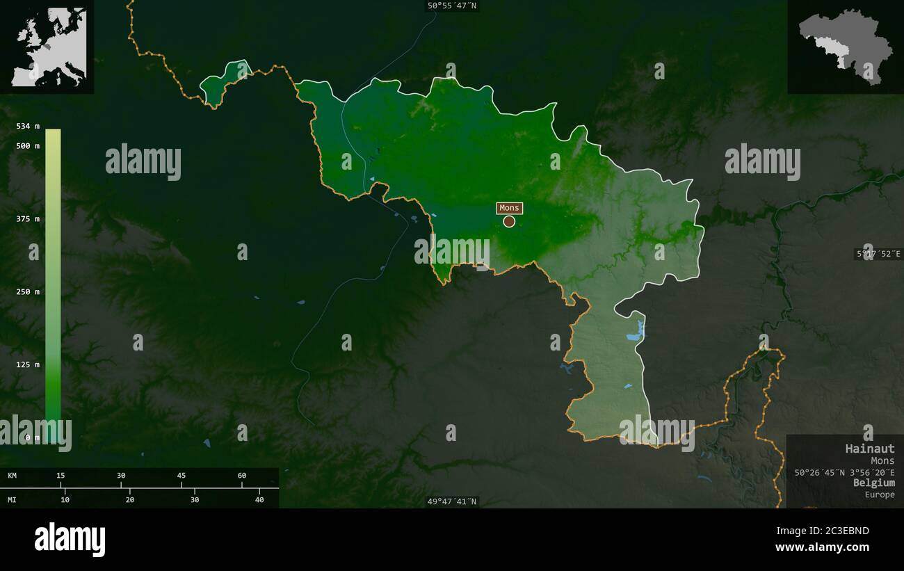 Hainaut, provincia del Belgio. Dati di shader colorati con laghi e fiumi. Forma presentata contro la sua area di paese con overlay informativi. Rendering 3D Foto Stock