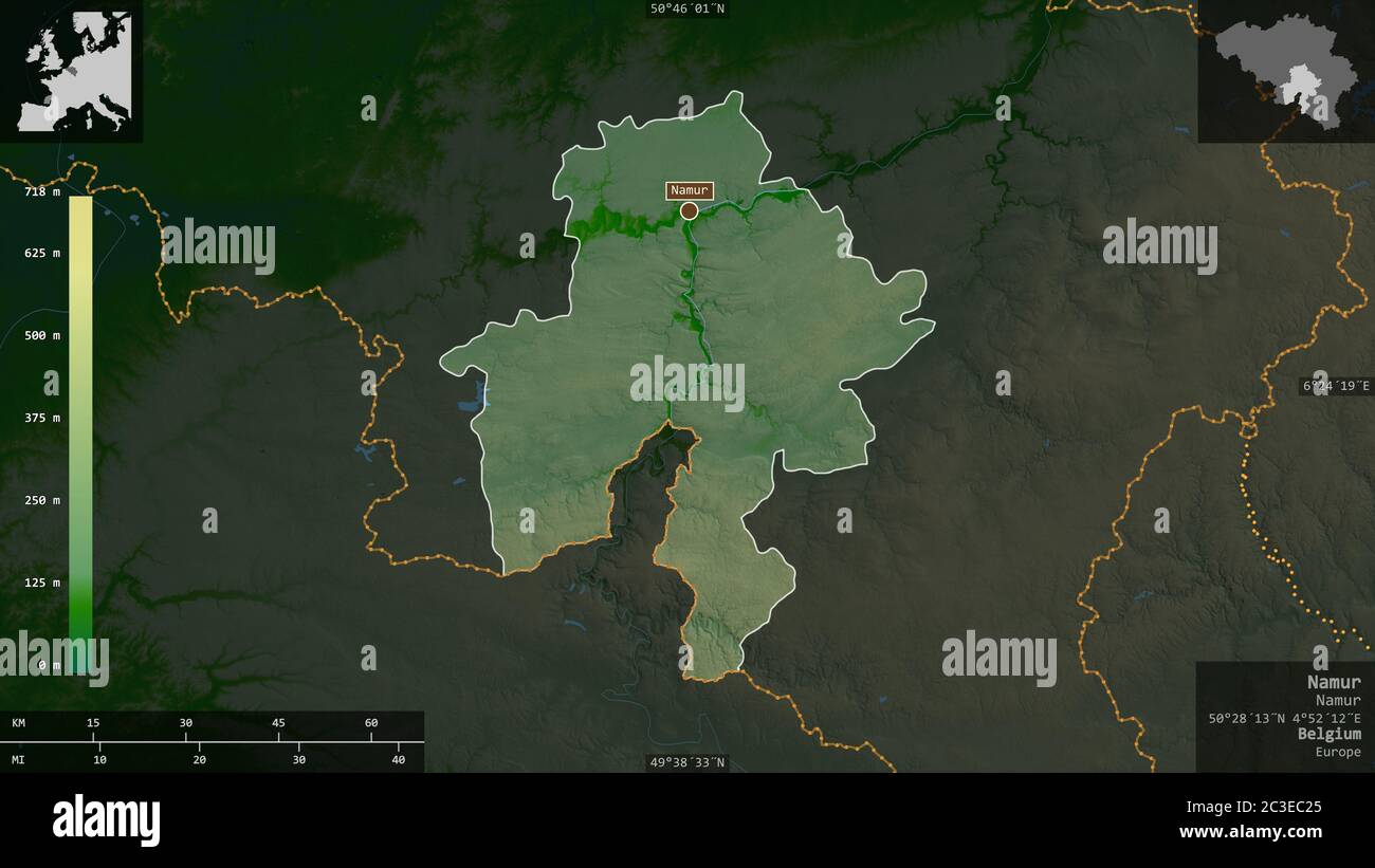 Namur, provincia del Belgio. Dati di shader colorati con laghi e fiumi. Forma presentata contro la sua area di paese con overlay informativi. Rendering 3D Foto Stock