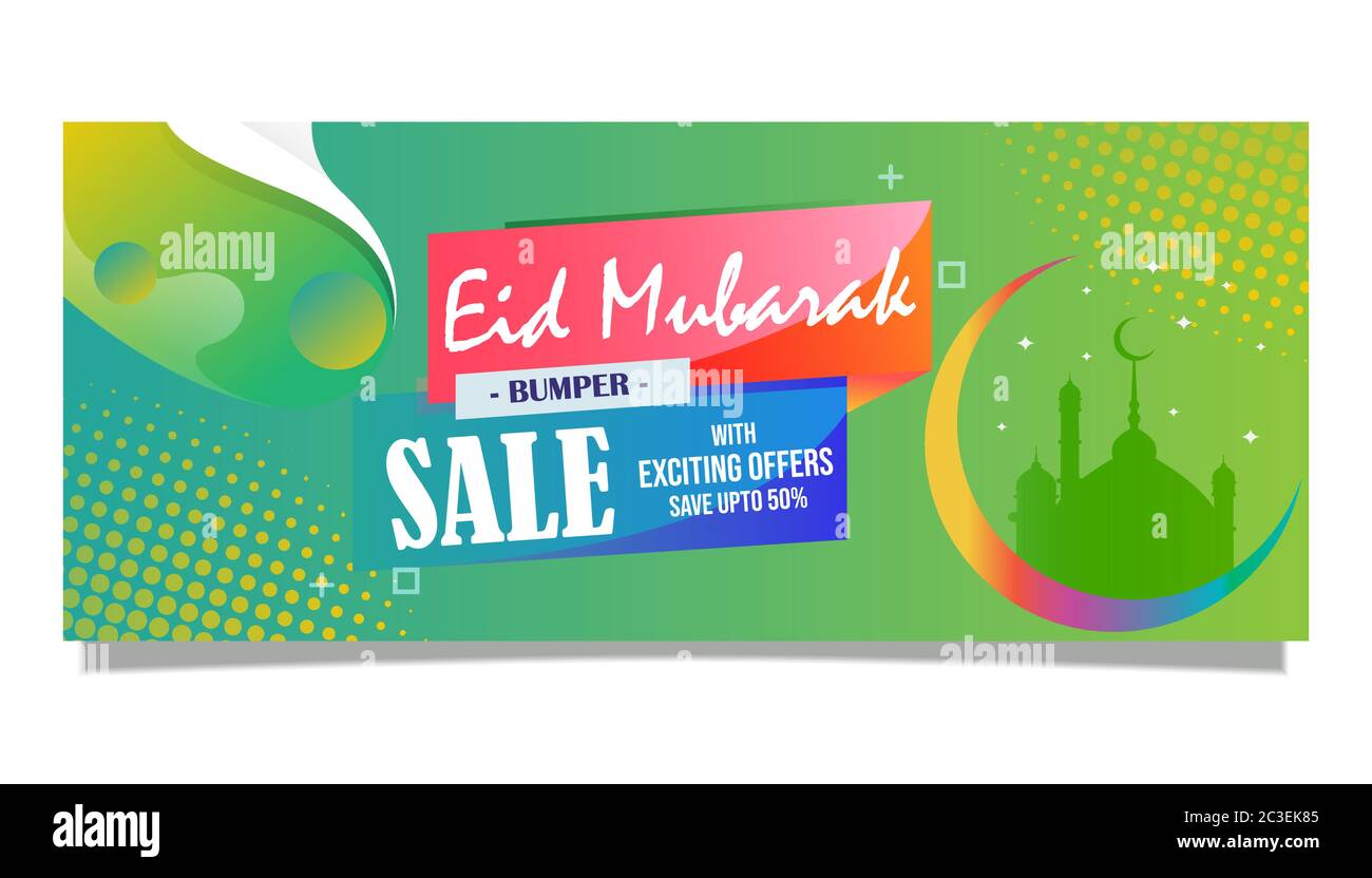 Vendita completamente editabile Eid Mubarak paraurti, risparmiare fino al 50% con offerte entusiasmanti, banner sconto, illustrazione vettoriale Illustrazione Vettoriale