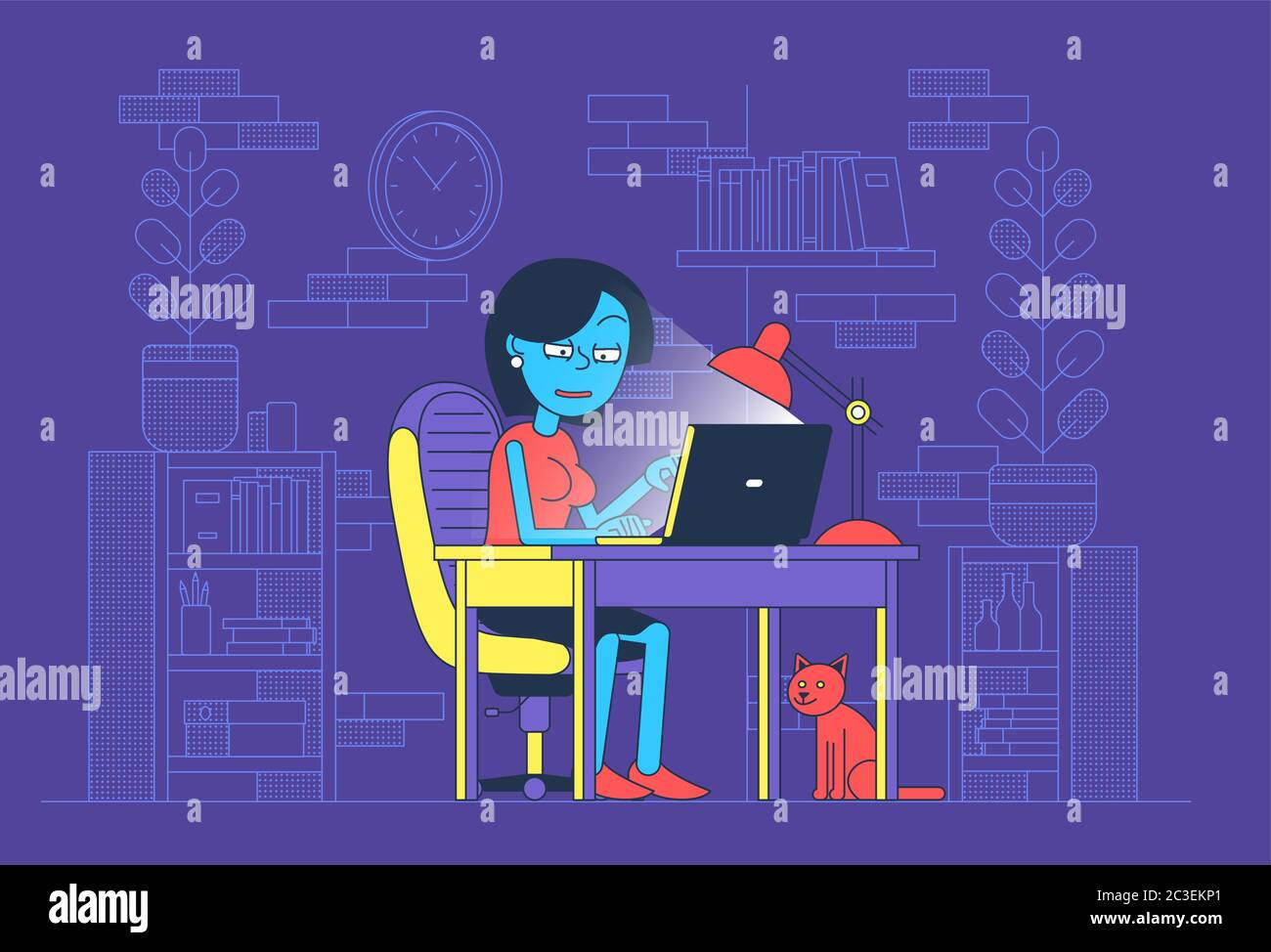 Donna che lavora di notte in ufficio a casa con un computer portatile Illustrazione Vettoriale