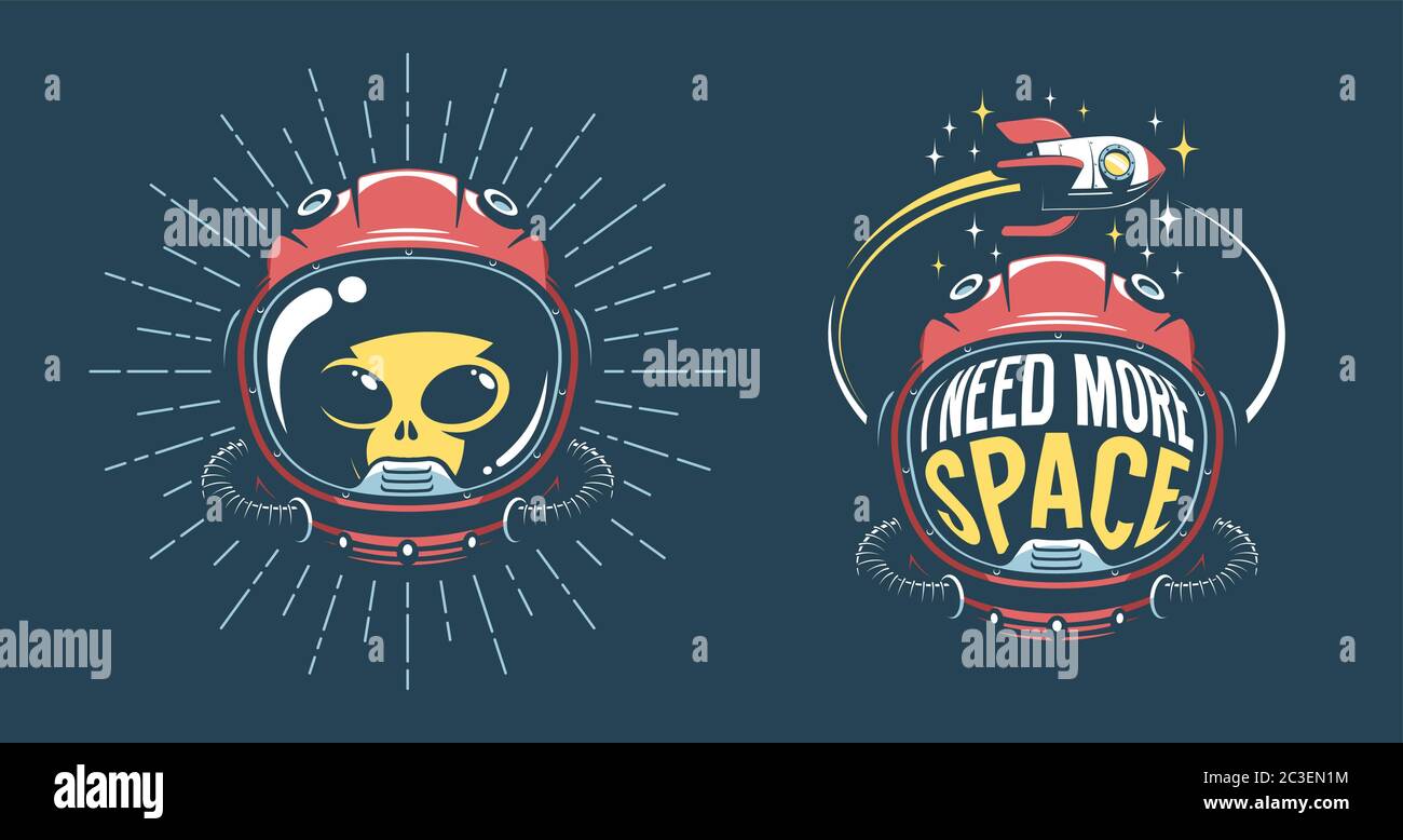 Astronauta casco vintage emblema con - ho bisogno di più spazio - e razzo volante Illustrazione Vettoriale