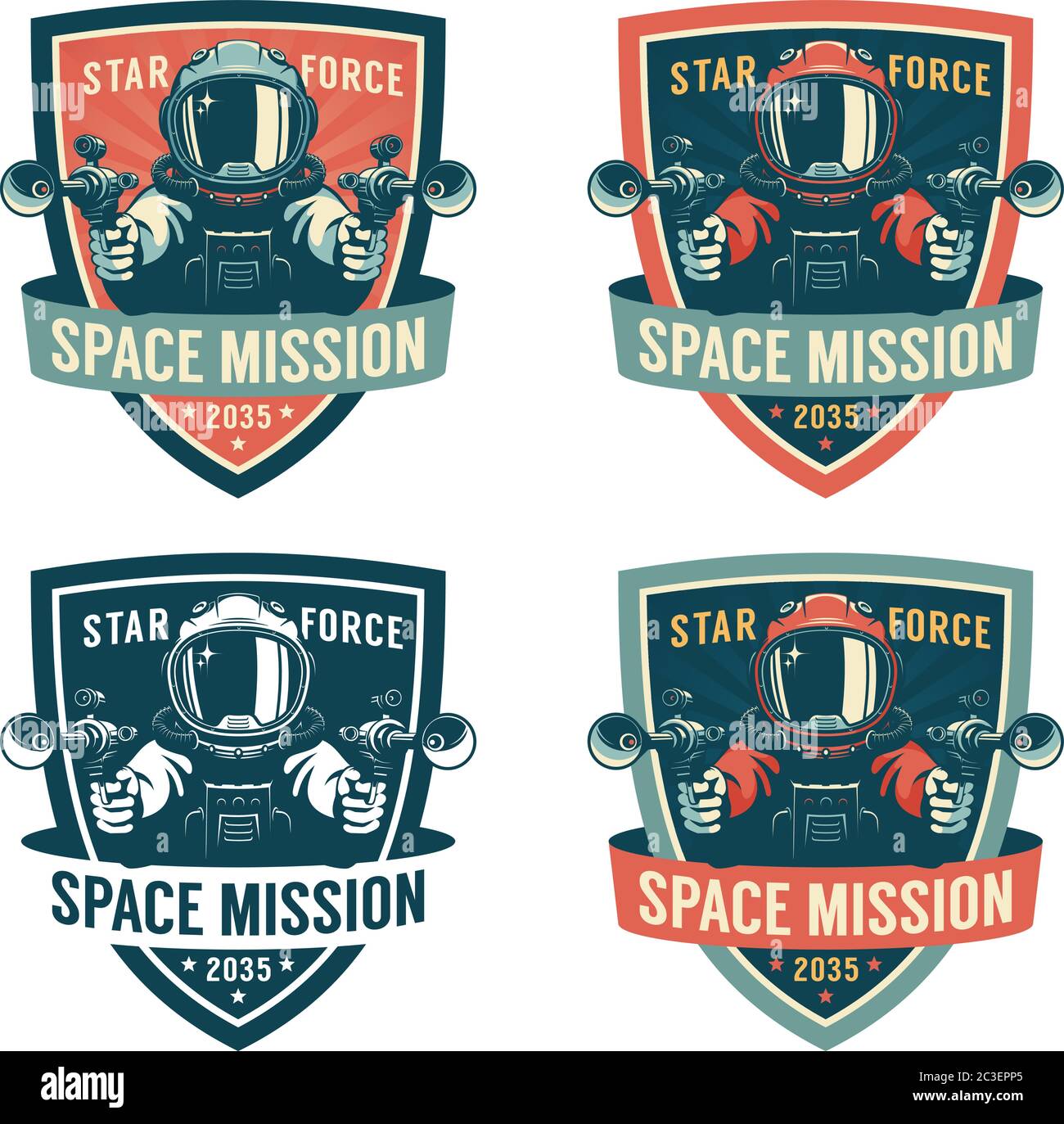 Astronauta con pistole a raggi - badge vintage Illustrazione Vettoriale