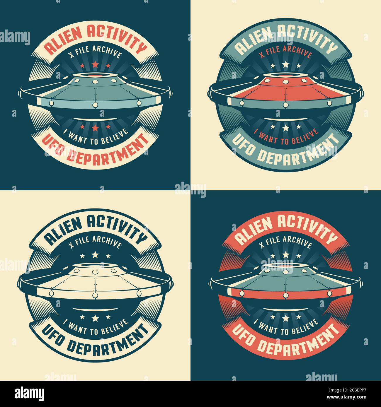 Emblema vintage UFO con piatto volante Illustrazione Vettoriale