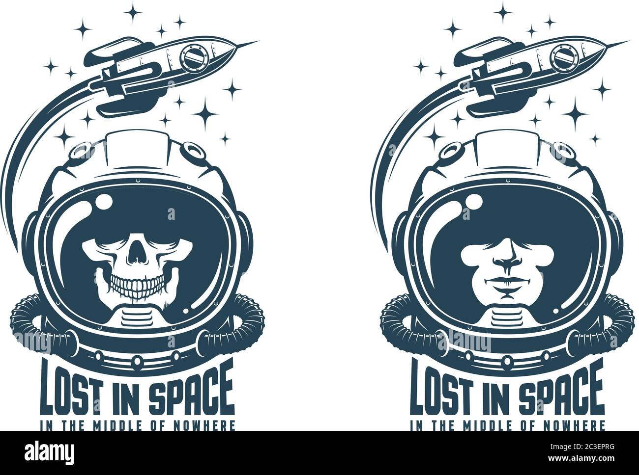 Logo vintage astronauta. Casco spaziale con emblema a razzo volante Illustrazione Vettoriale