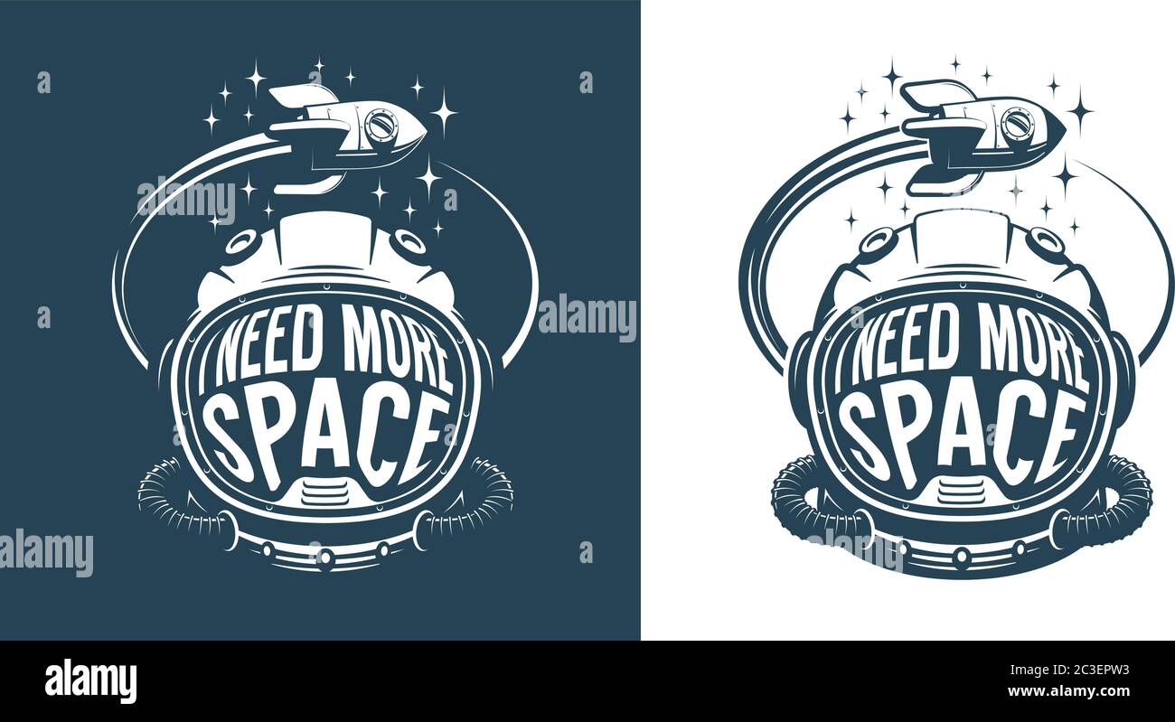 Logo retrò dell'astronauta casco con testo - ho bisogno di più spazio Illustrazione Vettoriale