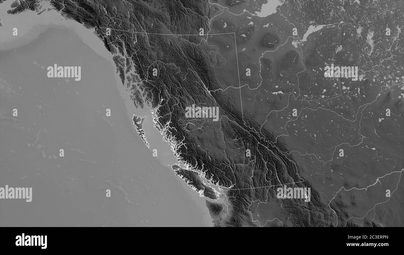 British Columbia, provincia del Canada. Mappa in scala di grigi con laghi e fiumi. Forma delineata rispetto alla sua area di paese. Rendering 3D Foto Stock