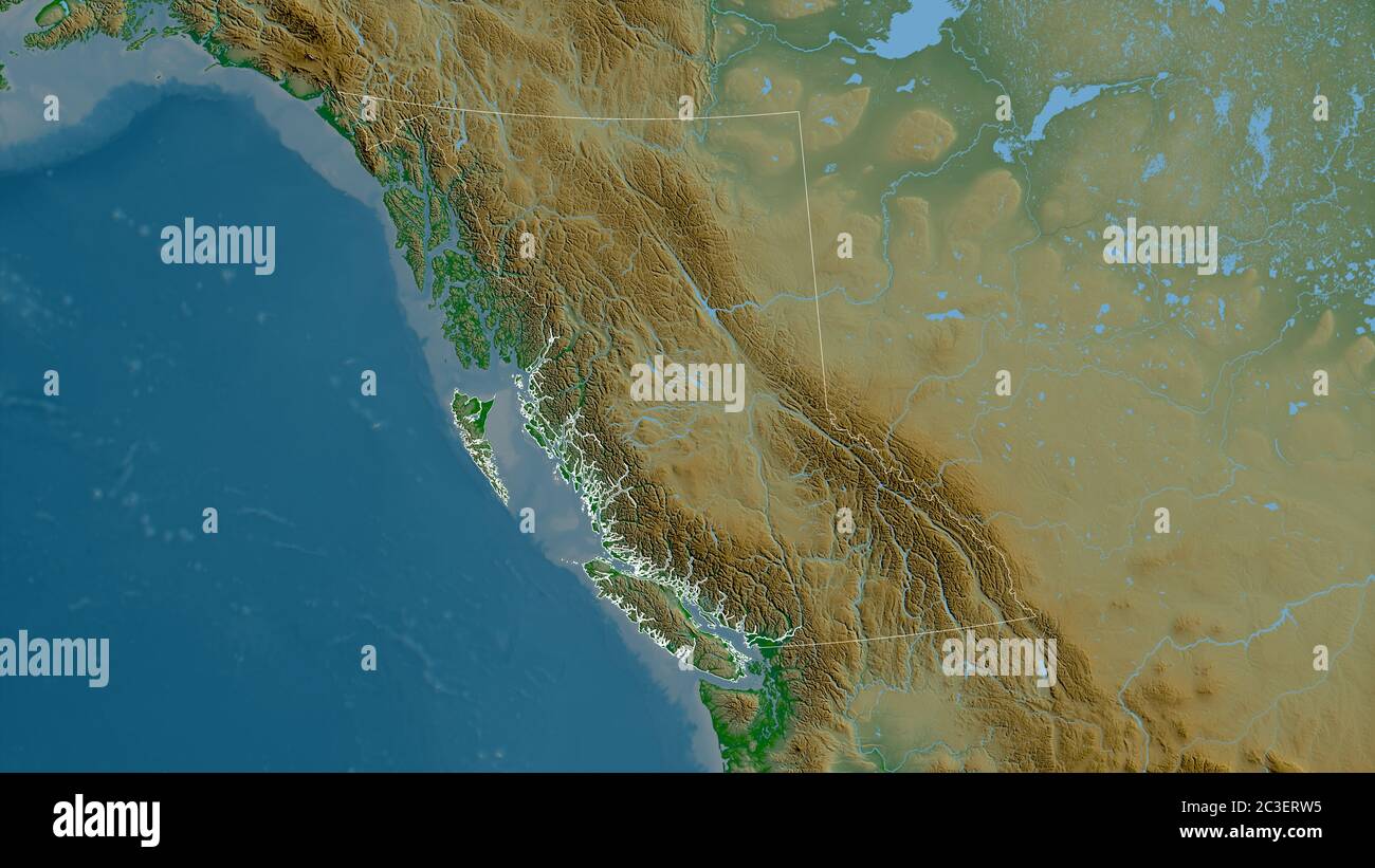 British Columbia, provincia del Canada. Dati di shader colorati con laghi e fiumi. Forma delineata rispetto alla sua area di paese. Rendering 3D Foto Stock