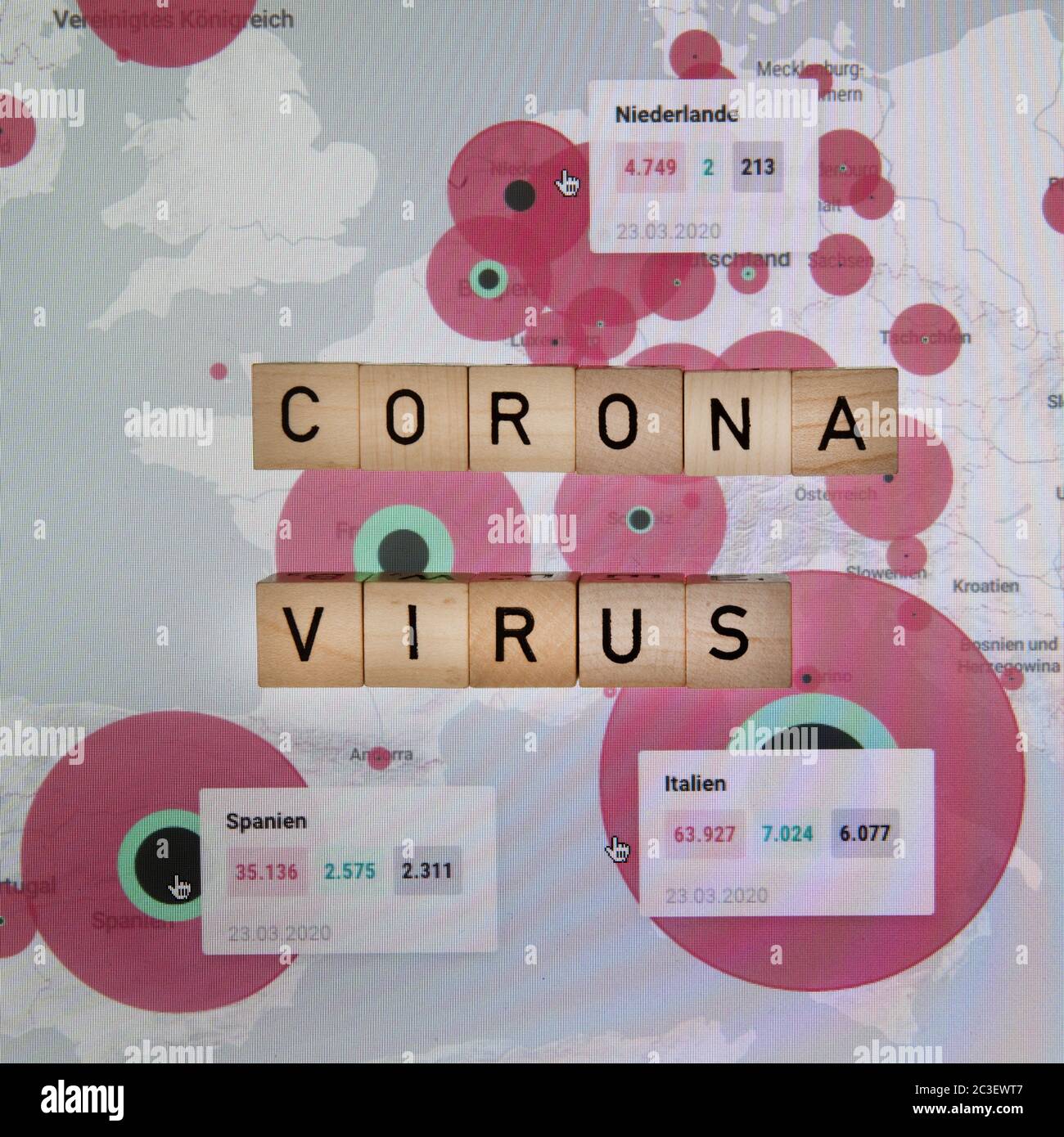 Mappa con la diffusione del virus corona in Europa, Covid–19, crisi Corona, immagine simbolica Foto Stock