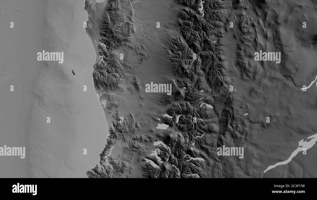 Araucanía, regione del Cile. Mappa in scala di grigi con laghi e fiumi. Forma delineata rispetto alla sua area di paese. Rendering 3D Foto Stock