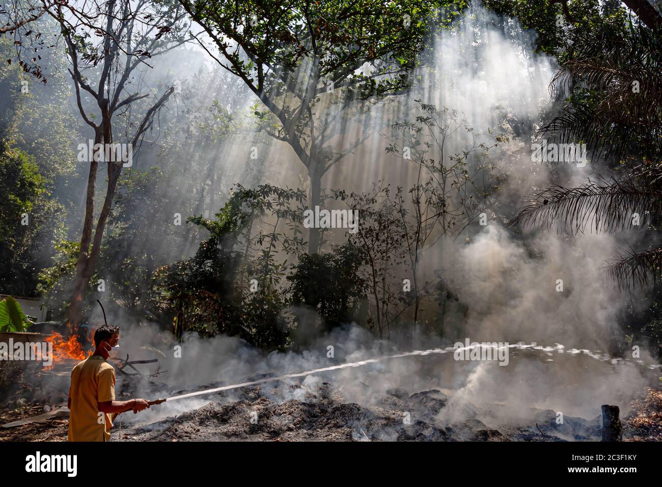 Provincia di Krabi, Railay Beach, Thailandia - 18 febbraio 2019: Un uomo in una garza bendaggio e un tubo antincendio cercando di spegnere il fuoco nella foresta. Fuoco e fumo nella giungla. Si riempie di acqua. Foto Stock