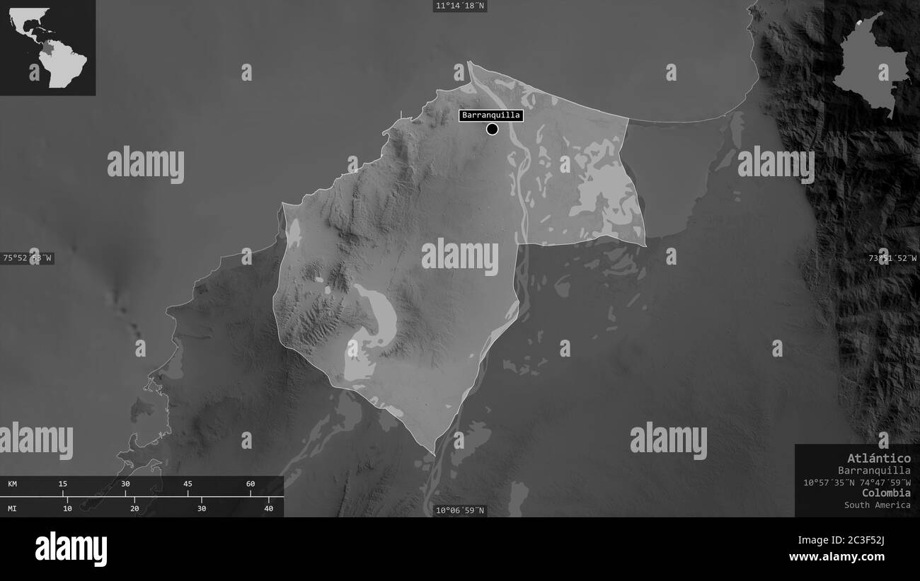 Atlántico, dipartimento della Colombia. Mappa in scala di grigi con laghi e fiumi. Forma presentata contro la sua area di paese con overlay informativi. Rendering 3D Foto Stock