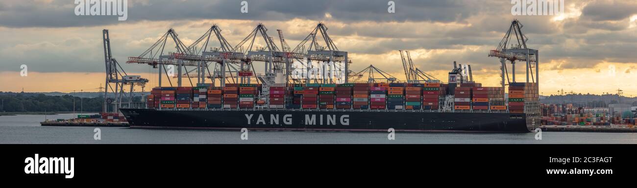 Vista aerea panoramica dell'enorme nave container 'Yang Ming' caricata con container nel porto di Southampton al tramonto. Ora d'oro. Foto Stock