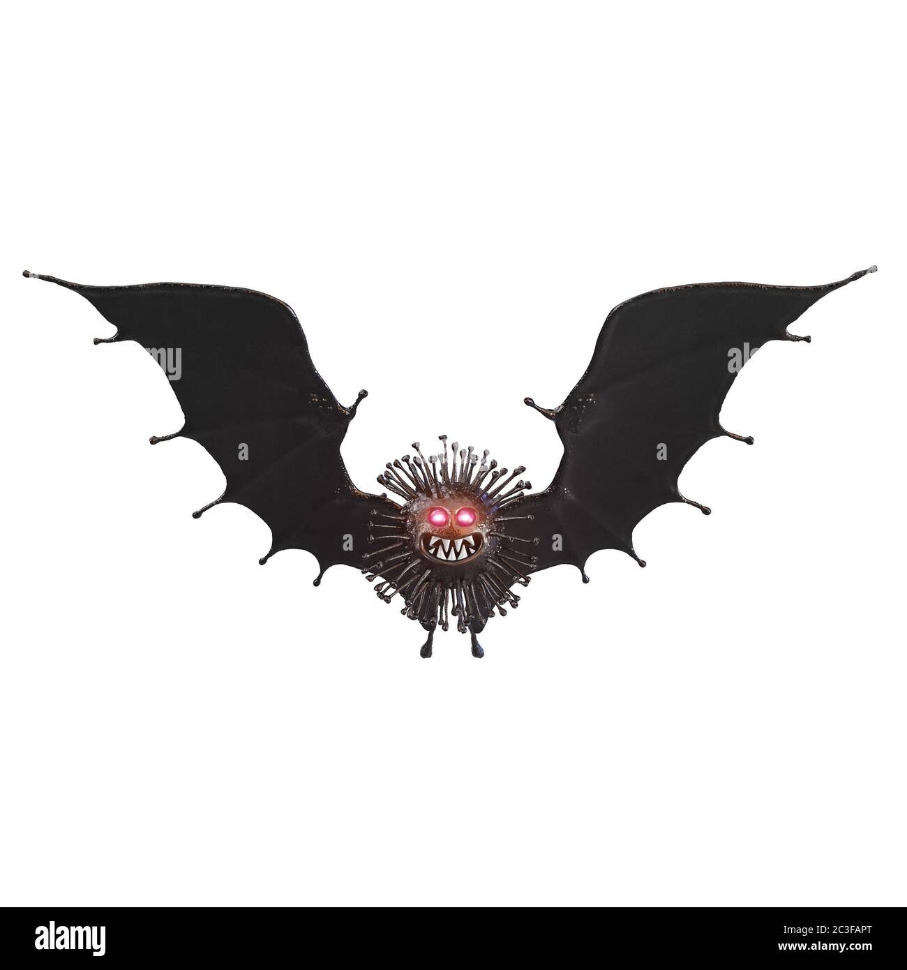 Coronavirus nero covid-19 con ali di pipistrello e occhi luminosi su sfondo bianco. Rendering 3D Foto Stock