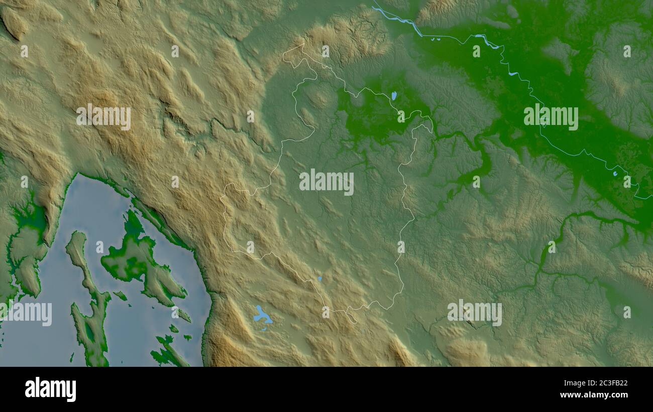 Karlovacka, contea della Croazia. Dati di shader colorati con laghi e fiumi. Forma delineata rispetto alla sua area di paese. Rendering 3D Foto Stock
