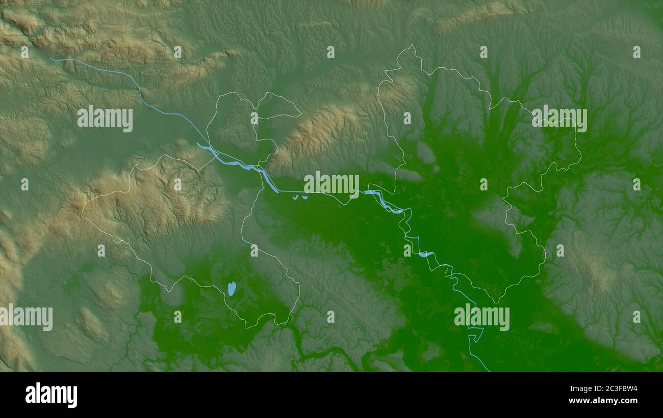 Zagrebačka, contea della Croazia. Dati di shader colorati con laghi e fiumi. Forma delineata rispetto alla sua area di paese. Rendering 3D Foto Stock