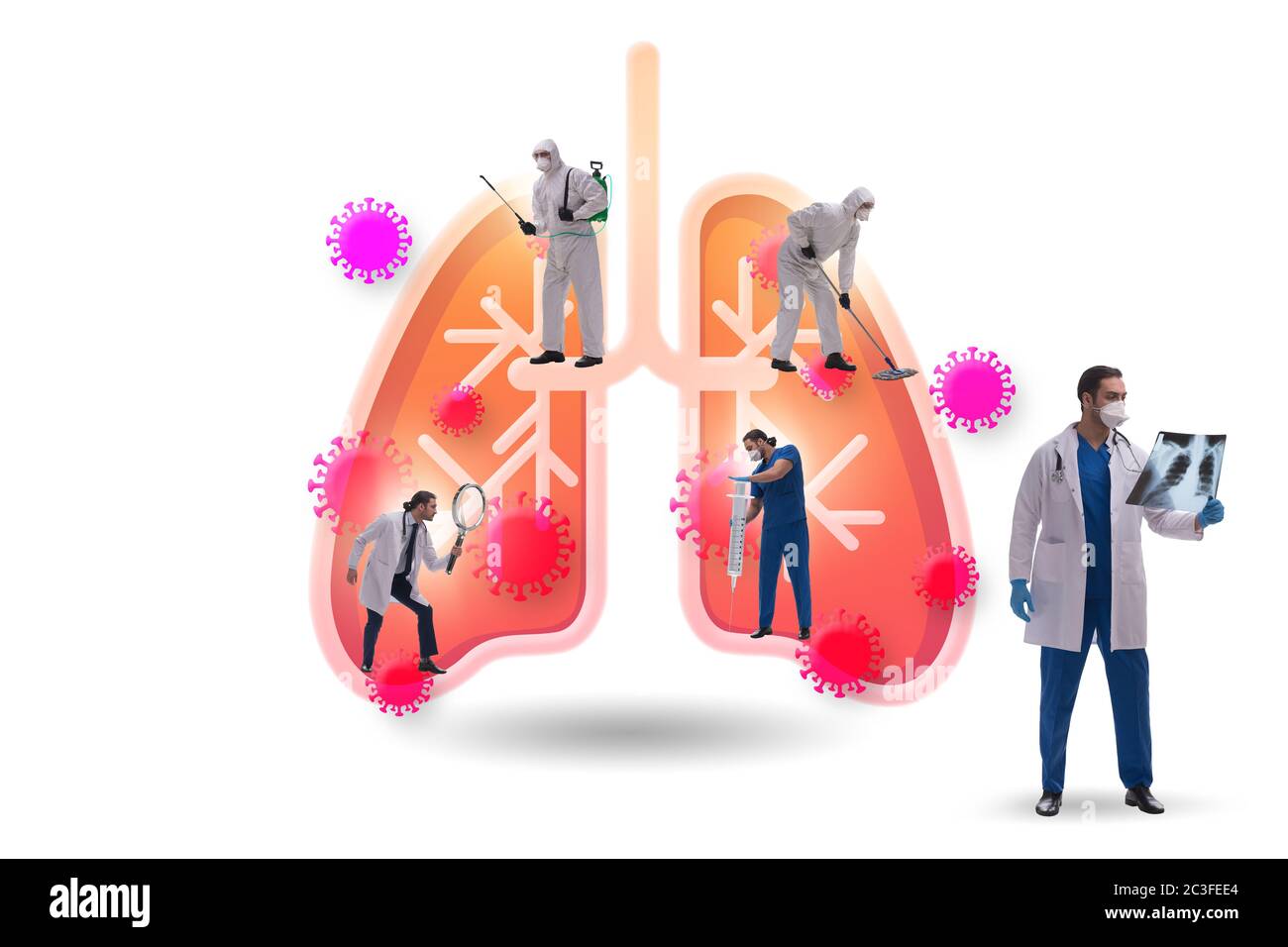 Medico che cura i polmoni infettati dal coronavirus Foto Stock