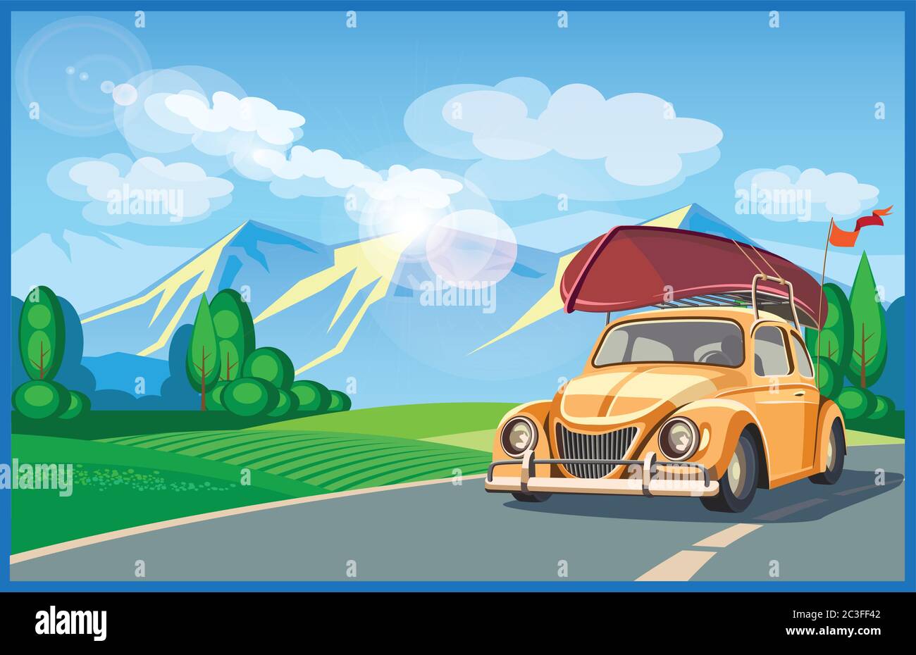 Illustrazione vettoriale stilizzata sul tema del weekend sulla natura e viaggi in campagna alla natura Illustrazione Vettoriale