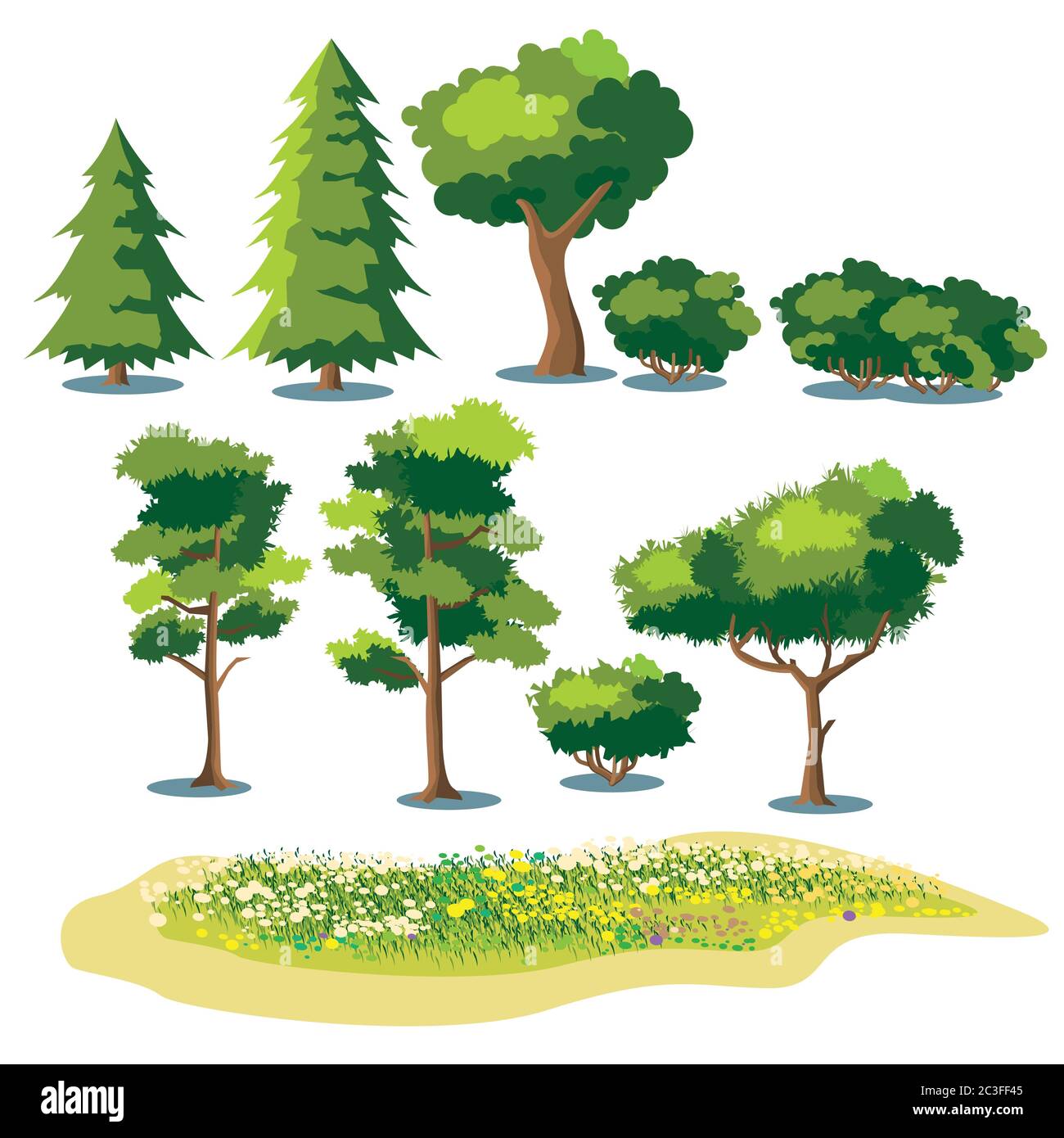 set di piante vettoriali stilizzate, arbusti, alberi e campi con erba e fiori in fiore Illustrazione Vettoriale