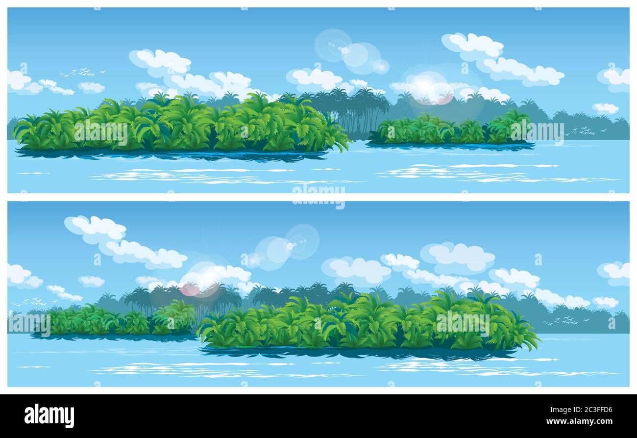 Due varianti di illustrazione orizzontale senza interruzioni sul tema della natura, della giungla, dei viaggi e dell'avventura Illustrazione Vettoriale