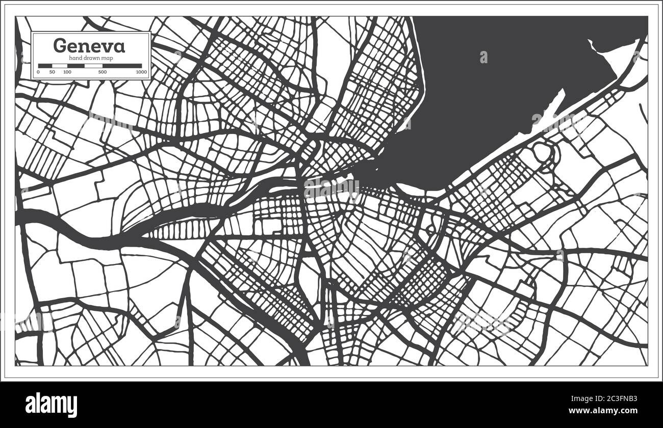 Ginevra Svizzera Mappa della città in bianco e nero in stile retro. Mappa di contorno. Illustrazione vettoriale. Illustrazione Vettoriale