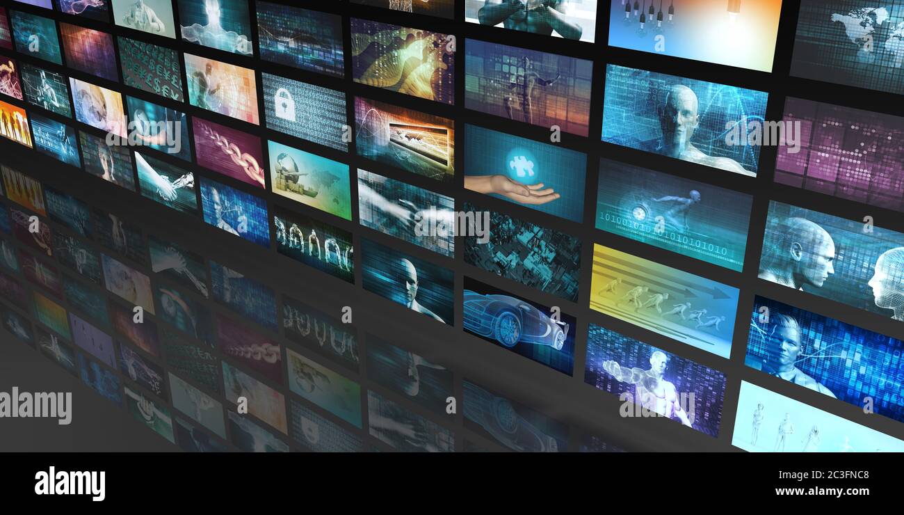 La produzione televisiva in concetto di tecnologia con parete video Foto Stock