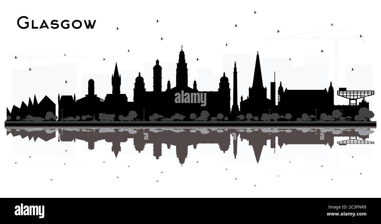 Glasgow Scotland City Skyline con edifici neri e riflessi isolati su bianco. Illustrazione vettoriale. Illustrazione Vettoriale