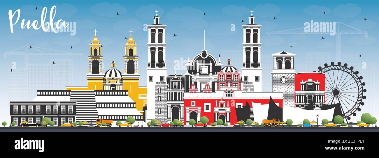 Puebla Mexico City Skyline con edifici a colori e Blue Sky. Illustrazione vettoriale. Concetto turistico con architettura storica e moderna. Illustrazione Vettoriale