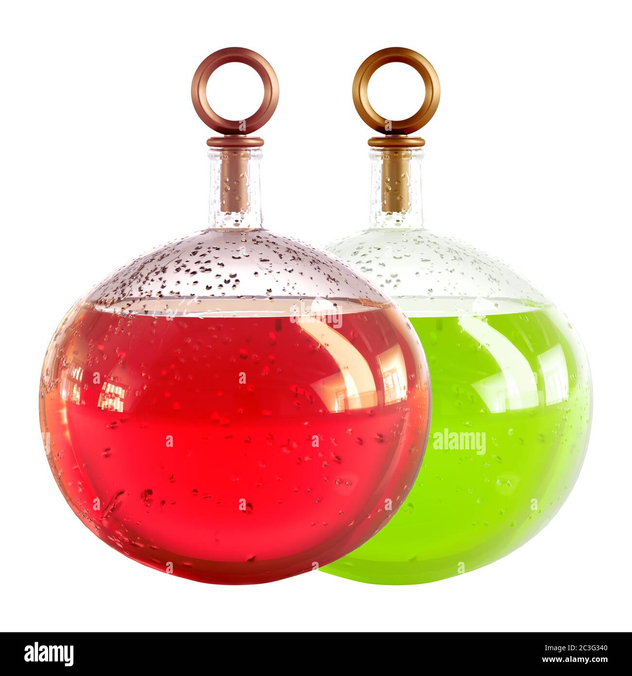 Due caraffe rotonde in vetro con liquido rosso e verde e gocce sul vetro su sfondo bianco rendering 3d Foto Stock Due caraffe rotonde in vetro con liquido rosso e verde e gocce sul vetro su sfondo bianco rendering 3d Foto Stock