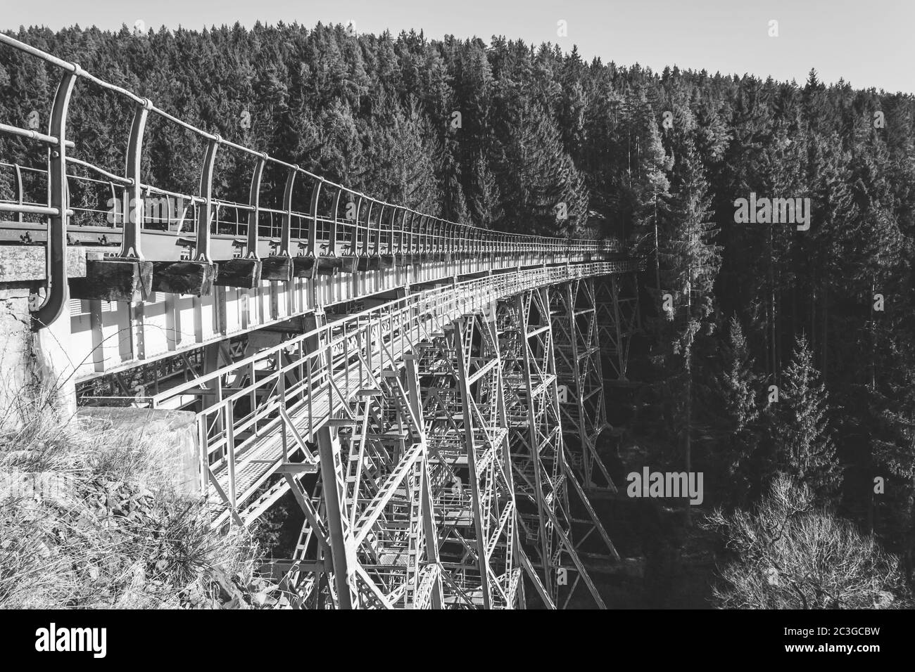 Vista dal basso di un viadotto ad alta rotaia Foto Stock