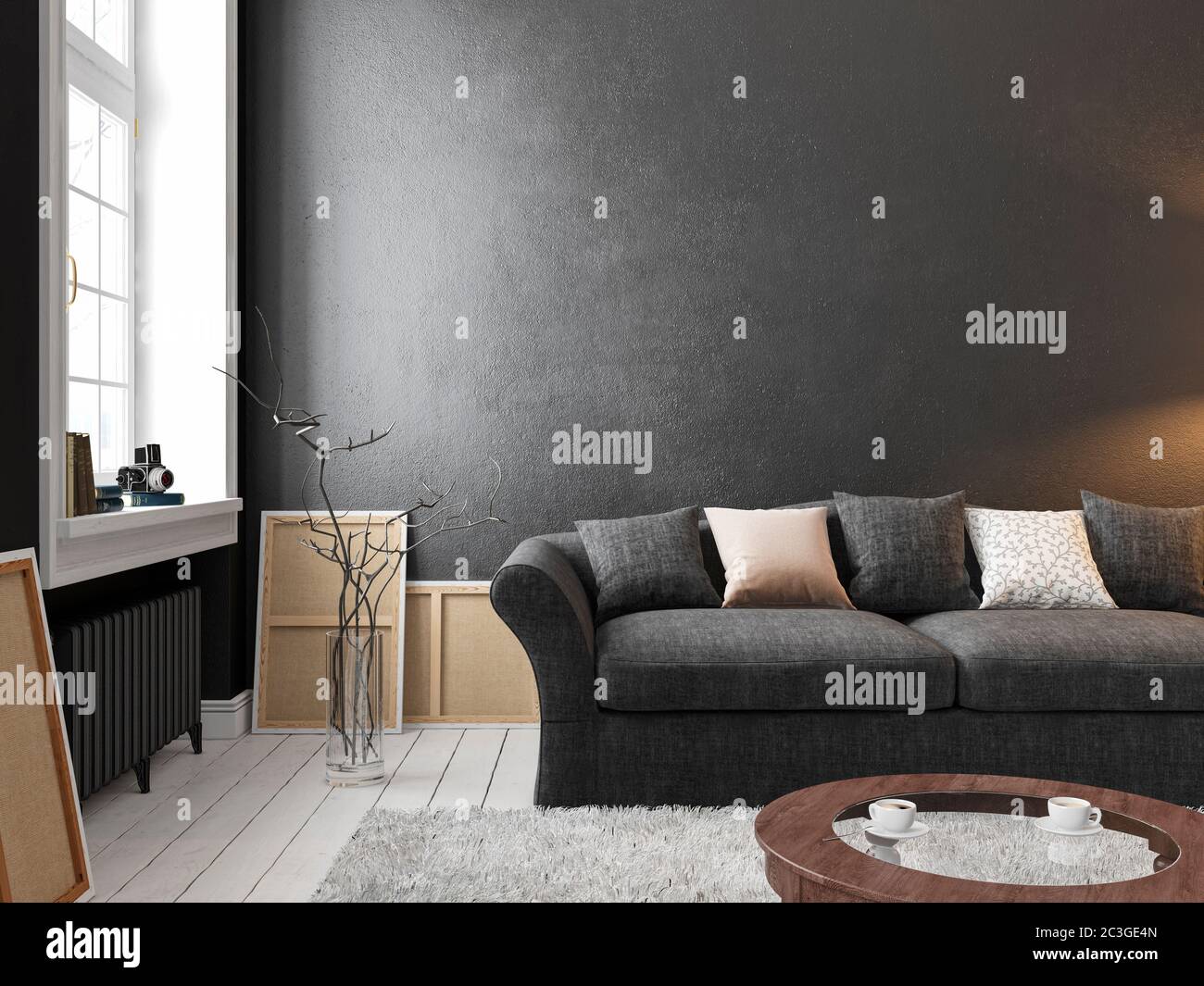 Interni classici scandinavi neri con divano, tavolo, finestra, moquette. Immagine di rendering 3D mock-up. Foto Stock