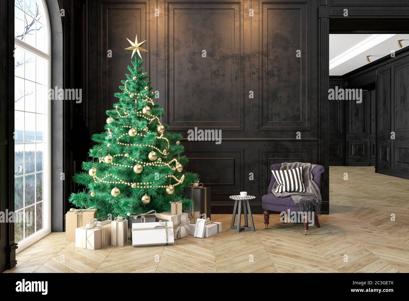Interno nero con albero di natale, poltrona, regali, cuscino, pannelli parete. Immagine di rendering 3D mock-up. Foto Stock