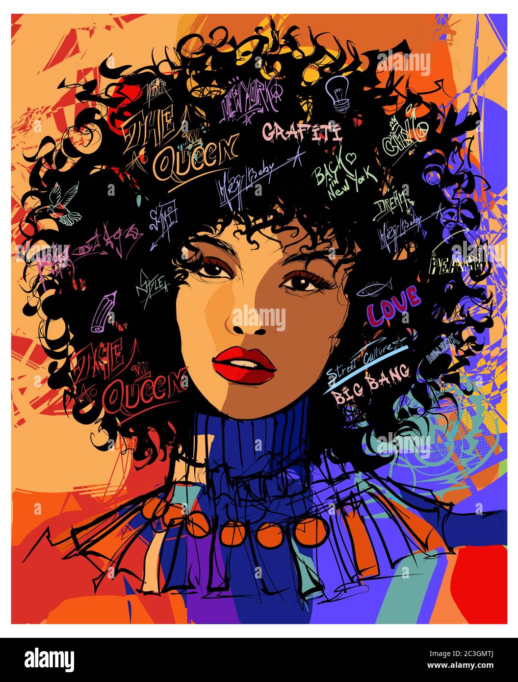 Bel modello di moda afro-americana giovane - illustrazione vettoriale (ideale per la stampa su tessuto o carta, poster o carta da parati, decorazione della casa) Illustrazione Vettoriale
