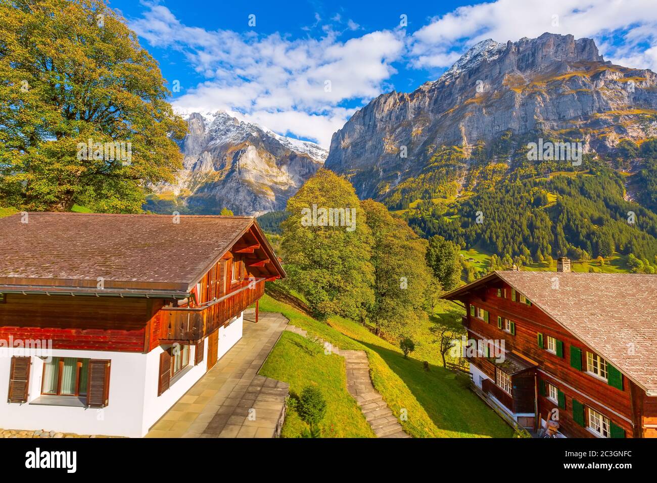 Grindelwald, Svizzera villaggio e vista montagne Foto Stock