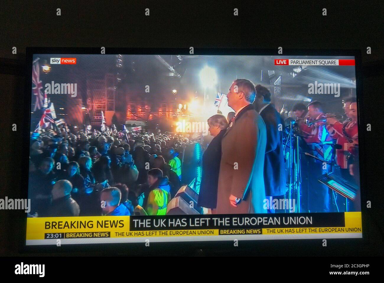 Fotografia di Sky News notizie televisive nel Regno Unito di notte il Regno Unito ha lasciato l'Unione europea ("Brexit"), subito dopo le 23 di venerdì 31 gennaio 2020. Foto Stock